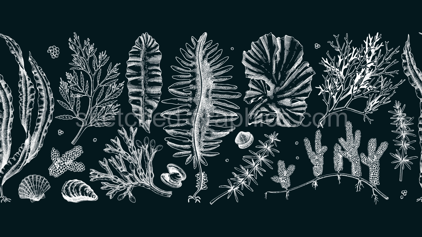 Edible seaweed seamless pattern on chalkboard. Hand-drawn sea vegetables ribbon. Kelp, kombu, wakame, hijiki  drawings. Underwater algae sketches for Asian cuisine menu or healthy food design  Illustration